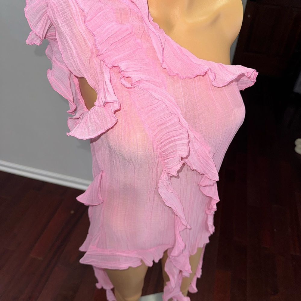 Zara Pink Ruffled One-Shoulder Top Size L - Picture 4 of 8